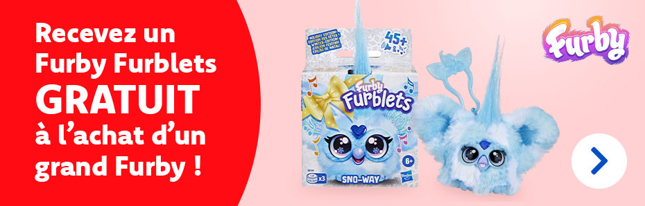 Tirez le meilleur de votre expérience Furby ! Jusqu’au 31/12 inclus, recevez un Furby Furblets Sno-Way gratuit à l’achat d’un grand Furby. Pour deux fois plus de plaisir de jeu interactif ! 