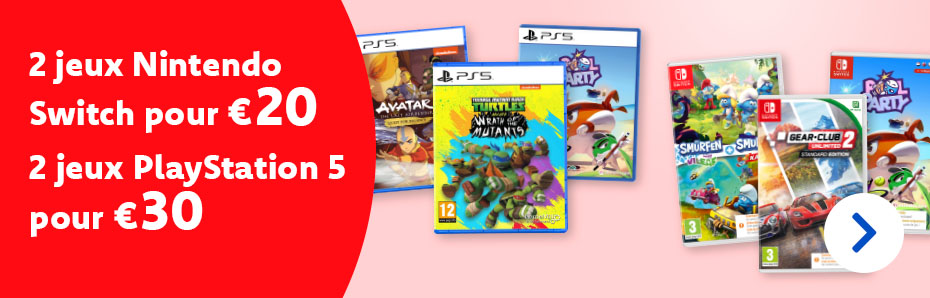 Jusqu’au 8/12 inclus, profitez de notre deal jeux : 2 jeux Nintendo Switch pour € 20 ou 2 jeux PlayStation 5 pour € 30. À ne pas manquer !