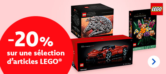 Jusqu’au 24/11 inclus, profitez de 20 % de réduction sur une sélection d’articles LEGO®. Ne manquez pas cette offre et achetez vos sets préférés à prix réduit.