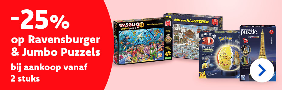 -25% op Ravensburger & Jumbo Puzzels bij aankoop van 2 stuks