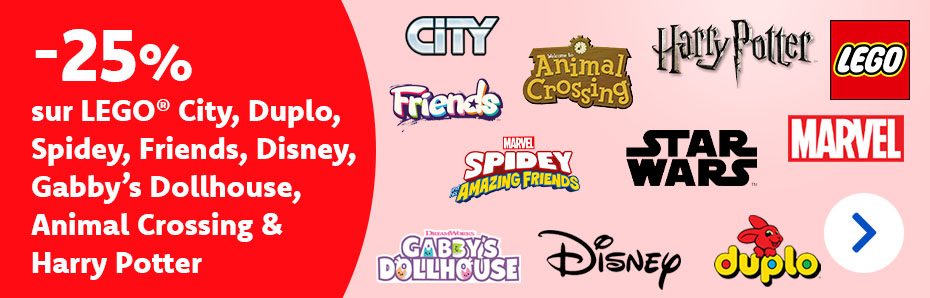 Jusqu’au 24/11 inclus, bénéficiez de 25 % de réduction sur LEGO City, DUPLO, Spidey, Friends, Disney, Gabby, Animal Crossing et Harry Potter. Profitez-en !